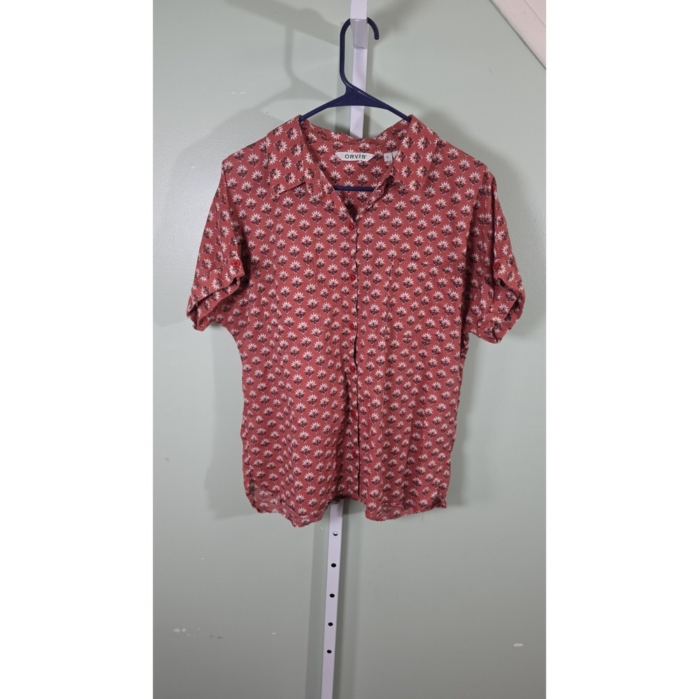 Orvis Easy Printed Short Sleeved Camp Shirt Faded Red Woodblock Floral Large